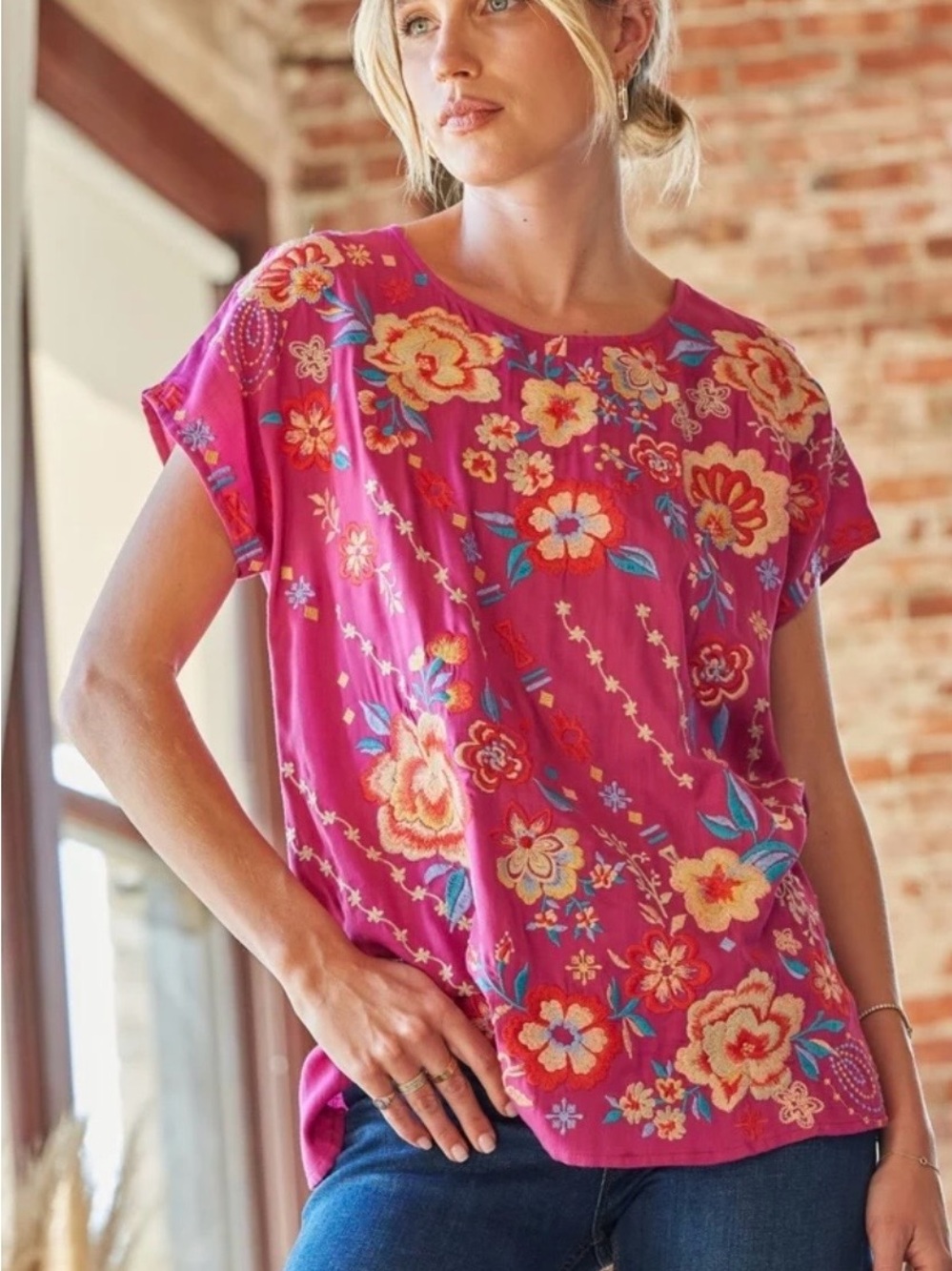 Savanna Jane Women's Rayon Embroidered Floral Tunic Top Magenta Size S